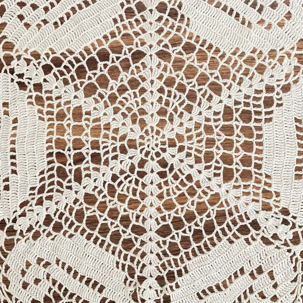 Hand Crocheted White Doily 13x15 Hexagon Centerpiece Table Mat Cottage Decor Vtg